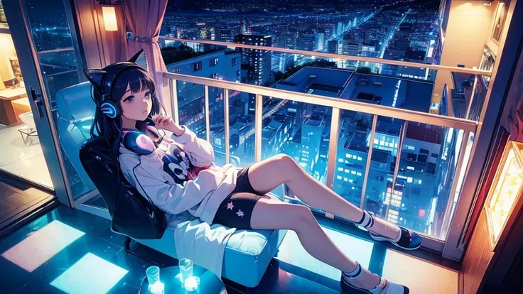 Pop art style、８Ｋ(Highest quality）（masterpiece）、Wide angle、Balcony、Night view、Starry Sky、Girl wearing headphones and listening to music、Colorful、Cat at your feet