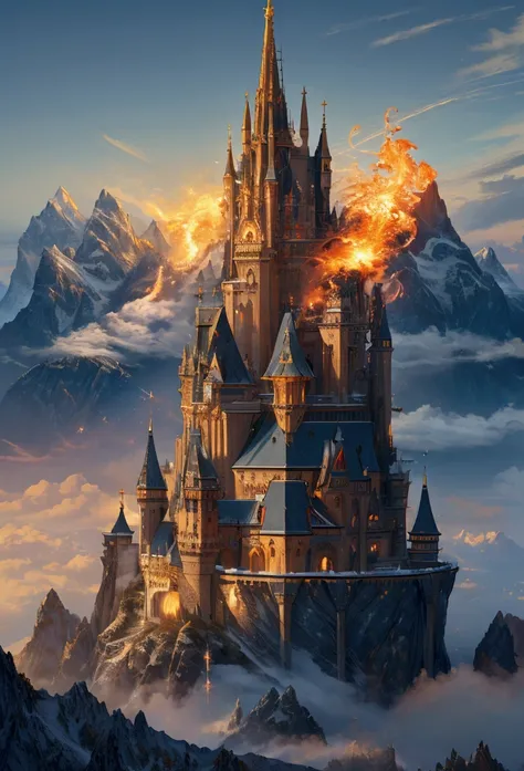 (masterpiece,top quality,high quality)), ((8K wallpaper unified with high definition CG)), multiple mountains with a castles floating in the sky looking heavenly and divine surrounded by swirling magic fire and water, domain expansion,