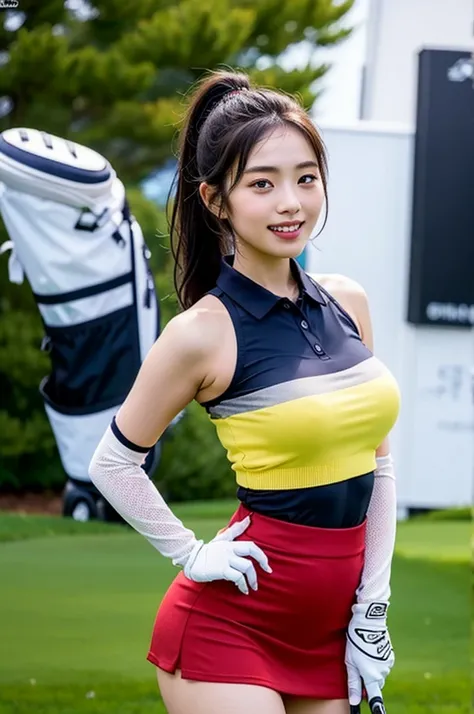 Highly detailed CG Unity 8K wallpapers, With the highest quality, Very detailed, masterpiece, Realistic, Realistic photos, Very detailedかわいい女の子, alone、thin, (タイトなGolf Wear) , (Golf Mini Flare Skirt) , (Wearing golf gloves)、smile , thin body, ((Large Breast...