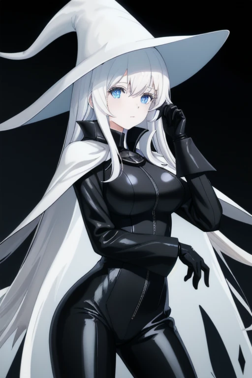 wo-class aircraft carrier, hat, gloves, hair, 1girl, white hair, solo, white skin, black gloves, bodysuit, blue eyes, black cape, leather pants, Masterpiece, Best Quality, night