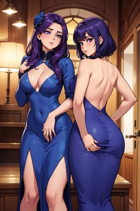 A pair of twins with giant tits and a big ass with purple hair posing for a photo at a wedding, the one on the right in a blue dress and the one on the left in a red dress, both with a low neckline and a small opening on one part of the thigh, the one on t...