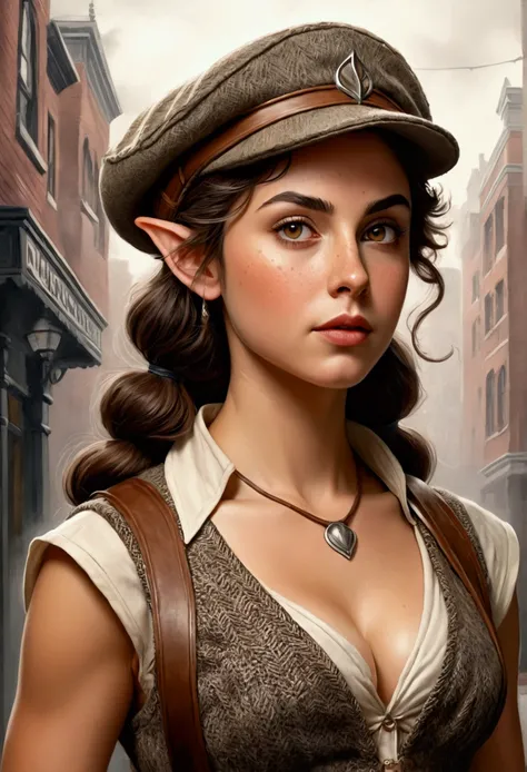 An illustrated movie poster, hand-drawn, full color, an elven maiden, wearing a tweed vest and a newsie cap, tall, toned, amazonian stature, athletic hourglass figure, busty bosom, narrow waist, wide hips, thick thighs, big butt, long pointy elf ears, ambe...