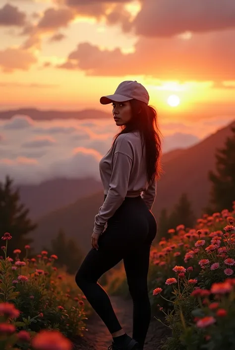 portrait photograph of a young java woman hijab with polo Cap, wearing pinarofe with tight-fitting, hotpant with leggings, pinarofe, oversized_breasts.", she is hiking, beautiful_breasts. sensual body, in a unique, photoshot model, ((In front of flowers in...