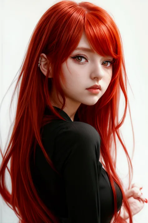 anime styling; 1woman; 20 year; portrait of a woman ruiva; long red hair; Eyes red; black clothing; close-up rosto; expression serious, long red hair; simply white background; anime styling; black clothing; black colored clothing; portrait of a woman; 1you...