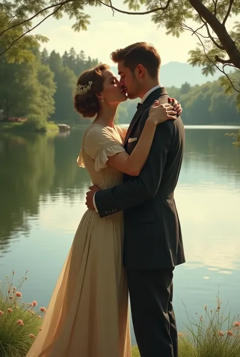 A man and a woman in 1930s clothing kissing by a lake