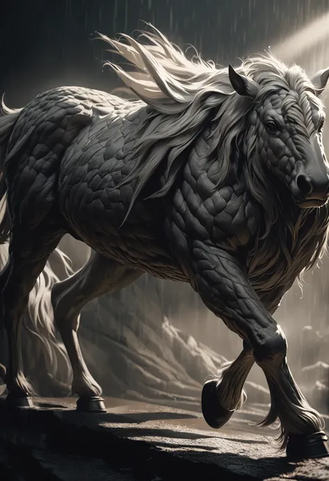 a centaur, greek mythology creature, stern mood, muted colors, highly detailed, realistic, cinematic lighting, dramatic pose, muscular body, equine lower body, detailed fur and skin textures, intricate armor or clothing, moody atmosphere, dramatic lighting...