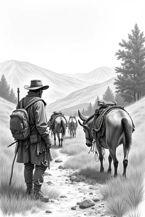 a muleteer, Arriving at the summer area, The muleteer chooses a suitable place to set up camp, considering the shadow, access to water and security. draw it with graphite pencil sketch effect.