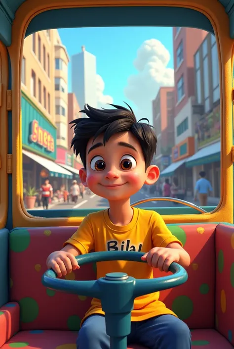 A boy wearing a shirt bilal name written on shirt driving a bus