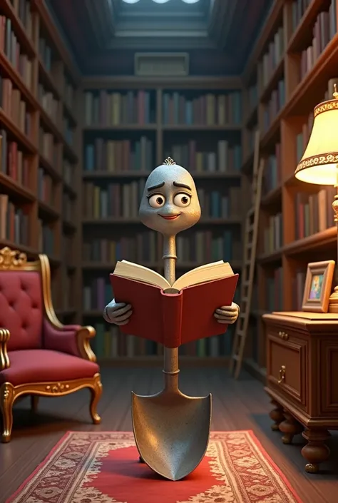 Animated shovel holding book in library