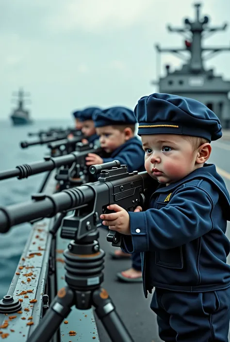 A group of newborns wearing Navy uniforms and sailor hats stand in machine gun chairs aiming at naval targets on an aircraft carrier. Realistic as real life.