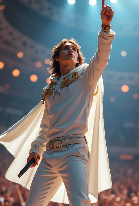 artwork best quality realism handsome american male teenager long brown hair light skin with white cape and hooded coat on head with gold accents white long sleeve shirt and white pants underneath intricate details singing holding a microphone seen from af...