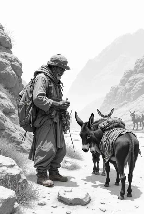 a muleteer,  Food and water are provided to the animals., making sure they have enough grass to feed on. draw it with graphite pencil sketch effect.