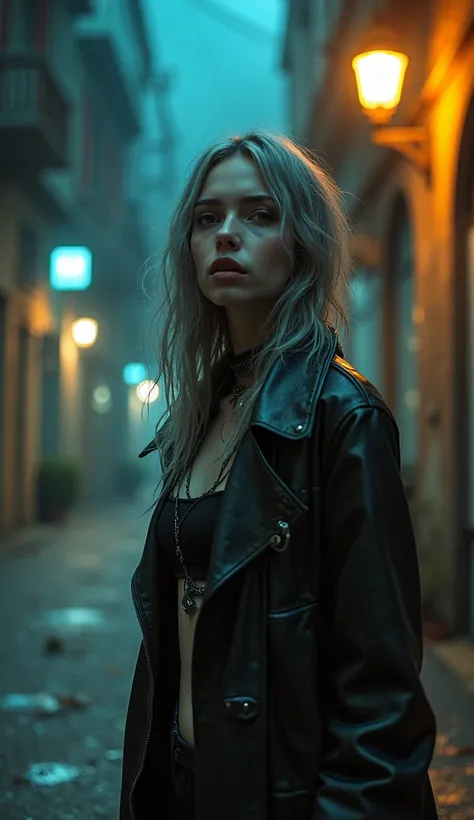 ((Film Grain, Bokeh, Particles of light ,Dust particles, Extreme camera angles.)), Dynamic pose, Full body photo of a young and attractive broken cyborg woman, Raise your eyebrows, night, Street lamp, Grey Hair