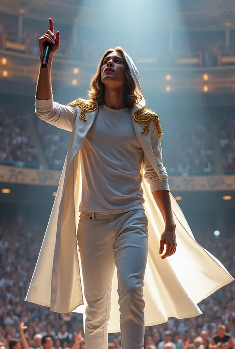 artwork best quality realism handsome american male teenager long brown hair light skin with white cape and hooded coat on head with gold accents white long sleeve shirt and white pants underneath intricate details singing holding a microphone seen from af...