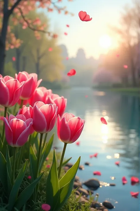 pink tulips beside the river