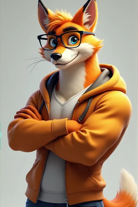 Male canine furry with attractive physique, with glasses and a sweatshirt, posing for a front photo