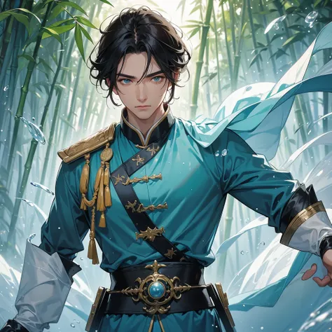 A Handsome black-haired male general holding a large sword in white-blue ancient Chinese general costume, the back is a lush green bamboo forest. the air after rain has water droplets splashing around, close up.