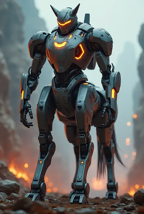 a photo of a mecha robo centaur, human like upper body, horse lower body, two arms, four feet, horse tail, digital art, highly detailed, 8k, photorealistic, cinematic lighting, intricate machinery, gleaming metal, glowing energy, dynamic pose, epic scale, ...