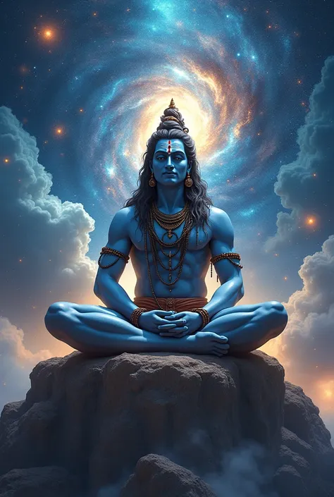 Create a majestic and cosmic depiction of Lord Shiva, embodying his divine and transcendental nature. Imagine him seated in a meditative posture on a celestial mountaintop, surrounded by a cosmic landscape. His form is radiant and awe-inspiring, with an au...