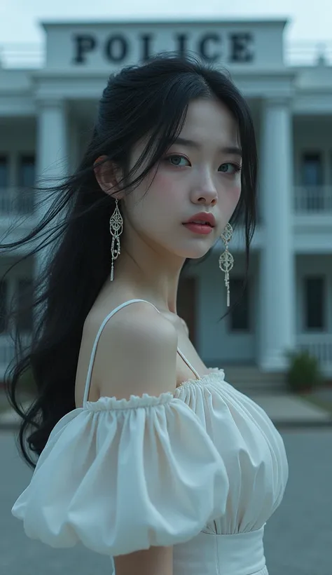 1 female, Black Hair, Blue Eyes, Delicate face, cute, Love Earrings, White Dress, Standing in front of the police station, Surreal