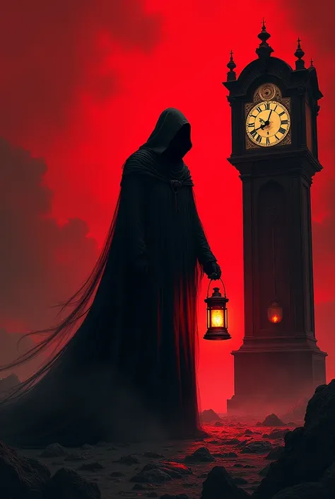 A space with a black grim reaper with a lantern clock and red sky