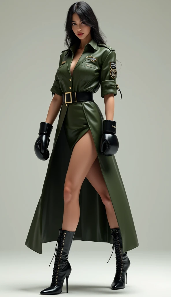 Sexy soldier, olive green leather shirt, long business a-line skirt, black stiletto-heeled combat boots, jet-black hair, boxing gloves,