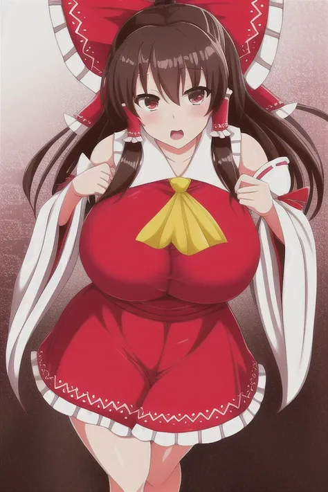 Hakurei reimu, huge breasts, standing,solo,Heart-shaped eyes Ahe facial expression Open mouth,