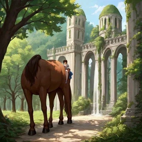 score_9, score_8_up, score_7_up, source_anime, absurdres, centaur holding bow, arch, forest,