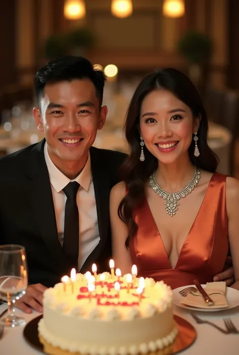 a dinner celebration attended by an Indonesian lady and a gentleman. Both wearing upscale business attires. The gentlemans hair style is very short. The lady wearing a beautiful Diamond necklace with cleavage is seen nicely, both facing the camera. all smi...