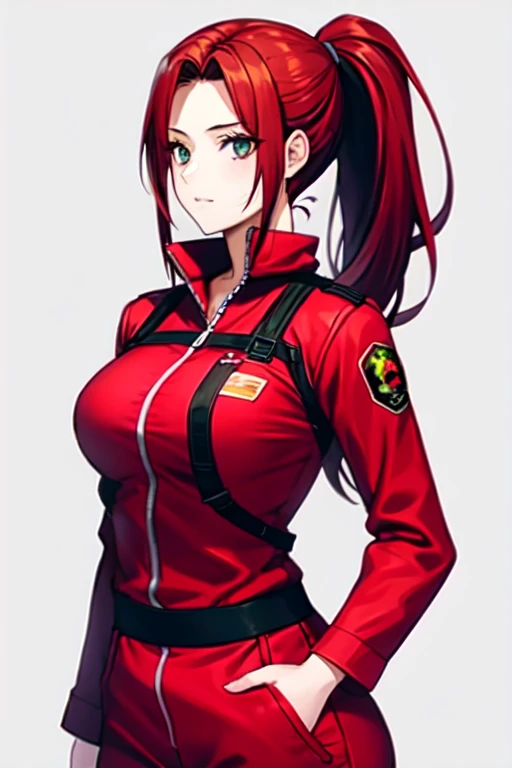 Redhead girl with a ponytail, similar to Claire Redfield, in a red work jumpsuit 