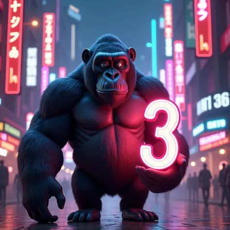 3D Animation、Gorilla holding a number 3 sign、Neon Town、Neon Gorilla