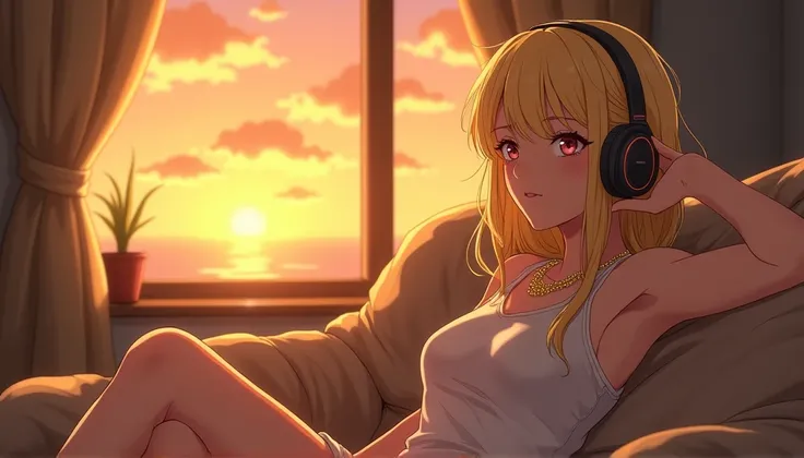 Beautiful blonde girl sitting on sofa in room,Wearing headphones,Gold Necklace,I can see the sunset from the window.,High resolution,Ghibli-style anime scene