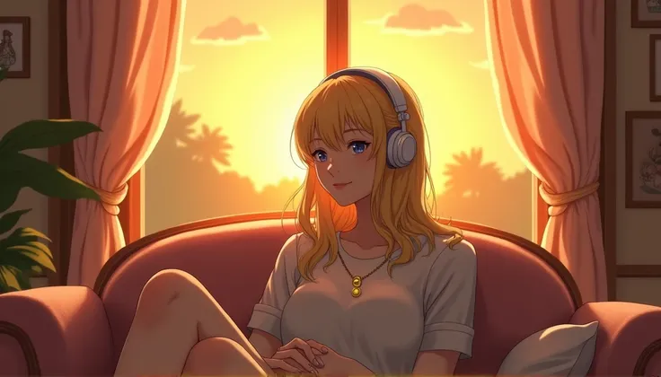 Beautiful blonde girl sitting on sofa in room,Wearing headphones,Gold Necklace,I can see the sunset from the window.,High resolution,Ghibli-style anime scene