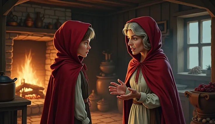 Inside the house、Little Red Riding Hood and his mother talking scene。The scene focuses on the mother warning Little Red Riding Hood to be careful.。