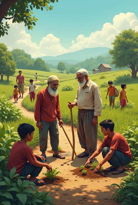 Villagers Working Together
A group of villagers of all ages working side by side in a field that is slowly coming back to life. Some are planting seeds, while others are watering crops. Children play in the background, and a sense of community and hope fil...