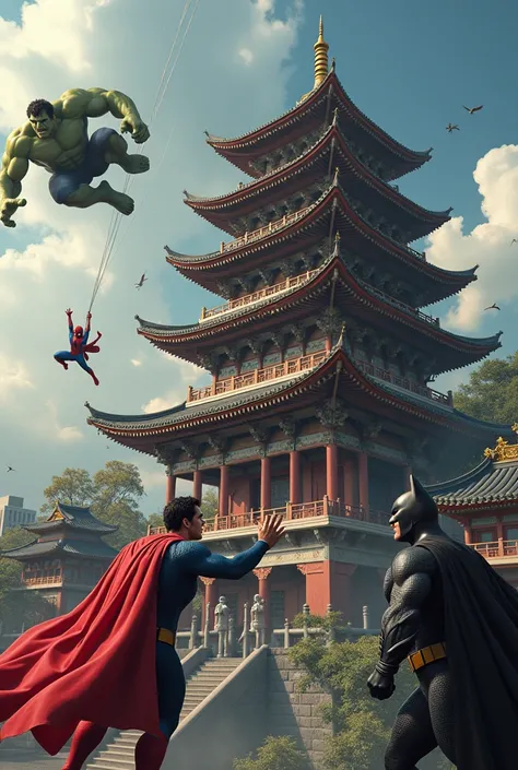 Super man vs Batman in the pagoda
And the spider man is Fallen of pagoda 
The hulk is fly of sky