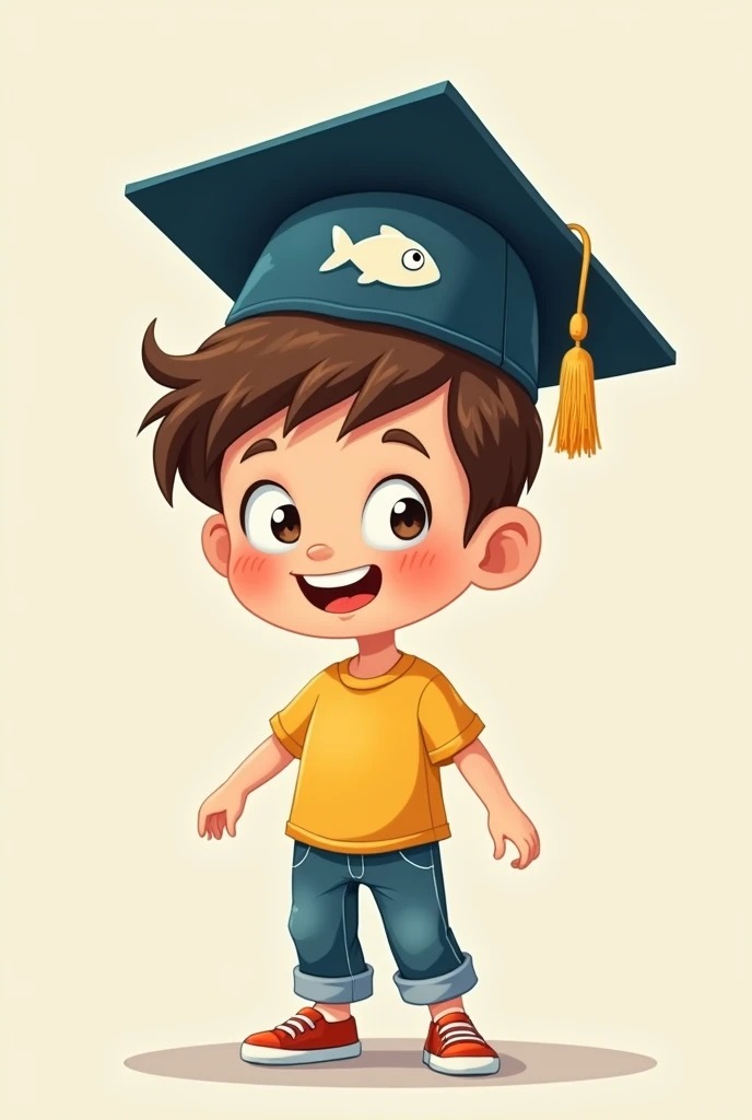 A cartoon boy wearing a graduation hat，The hat says &quot;ichthys&quot;。, This word is clear and easy to understand

