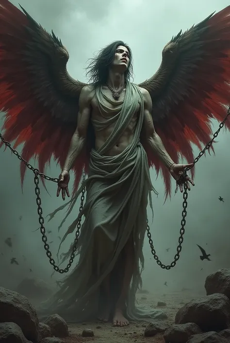 An angel who cannot fly because his bloody wings are chained