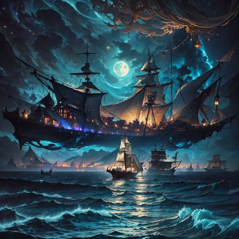 a painting of a ship sailing in the ocean at night, concept art inspired by gaston bussiere, Artstation contest winner, fantasy art, detailed cover artwork, peter mohrbacher and dan mumford, highly detailed cover art, detailed fantasy digital art, anton fa...