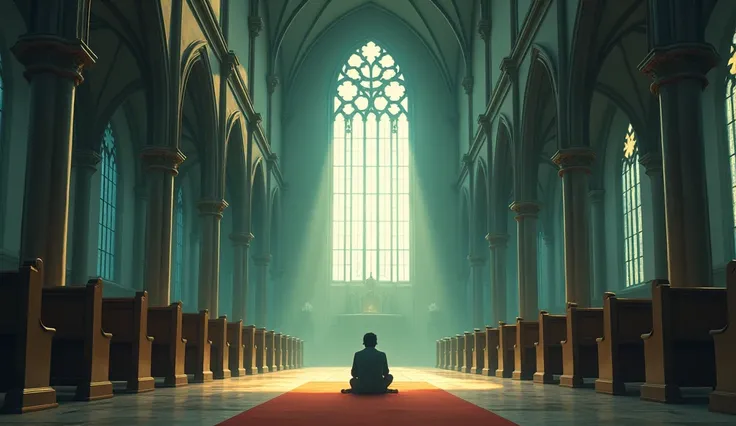 &#39;A man sitting alone in a chair in the corner of an empty, large church chapel, praying quietly&#39;, Ghibli style 