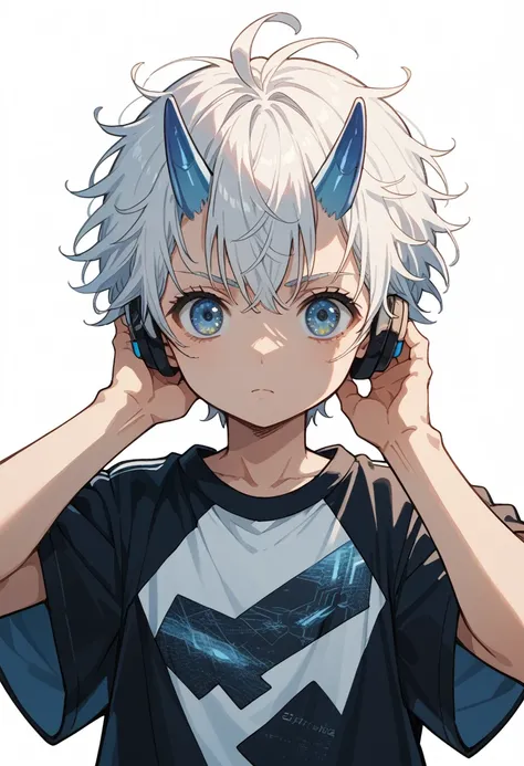 2d, young boy anime, white hair, blue-skies eyes, white background, render, UHD, light effect, anatomy correct, side pov, light, messy hair, many accesories, elegant, super detail, dynamic pose, gothic style, using headphone, white-blue t-shirt, blue horn,...