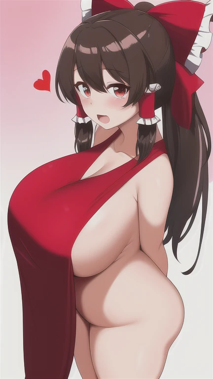 1gril,Hakurei reimu huge breasts, standing,Heart-shaped eyes Ahe facial expression Open mouth, nude photos