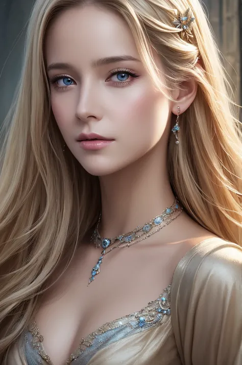 Close-up of a woman with long blonde hair holding a mobile phone, Magali Villeneuveに触発されて, fantasy art portraits, Fantasy Portrait art, detailed matte Fantasy Portrait, Alice x. open, Fantasy Portrait, epic fantasy art portraits, beautiful fantasy art port...