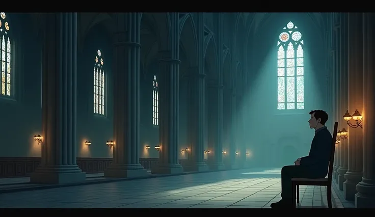 &#39;A man sitting alone in a chair in the corner of a dark, empty, large church sanctuary, praying quietly&#39; in the style of Ghibli. 