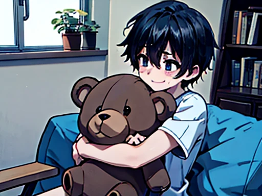 1 boy, he hugs a big brown teddy bear, Upper body shot only, Black short hair, He is wearing a light blue shirt, He smiles gently., sofa, Bookshelf, ornamental foliage plant