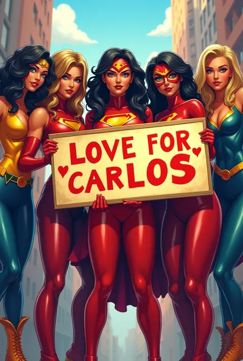 Several superheroines holding a sign that says "I love Carlos"