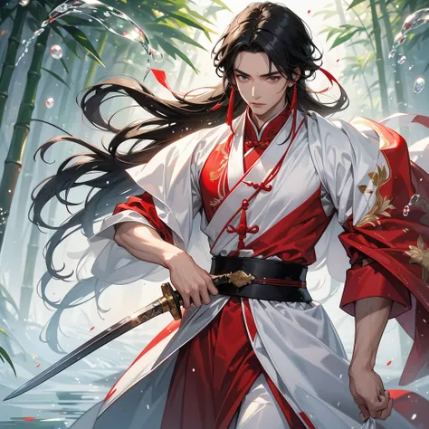 a Handsome black-haired male holding a large sword in white ancient Chinese costume, the red-white is a lush green bamboo forest. the air after rain has water droplets splashing around. close up.