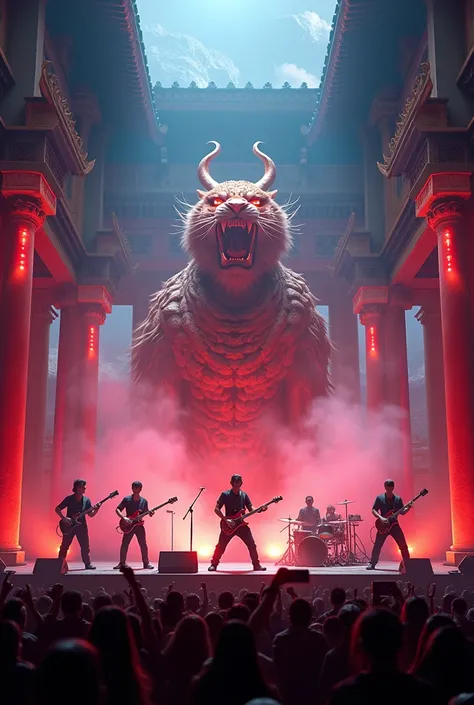 Chinese mythology，Land Gong，Tiger Master，Mazu，Guan Gong，rock band，concert stage，nightclub lighting，temple background，Night，A crowd，detail，Surreal，rock style，masterpiece，8K wind resolution，overclocked renderer，