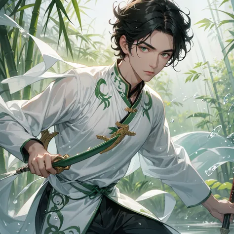 a Handsome black-haired male holding a large sword in white ancient Chinese costume, the green-white is a lush green bamboo forest. the air after rain has water droplets splashing around. close up.