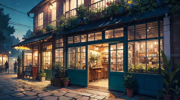 Vibrant and detailed illustration of a quaint cafe with a night charming, vintage aesthetic. The building features a two-story layout with a yellow facade adorned with lush green vines and plants. , and an inviting open door leading into the store. A green...